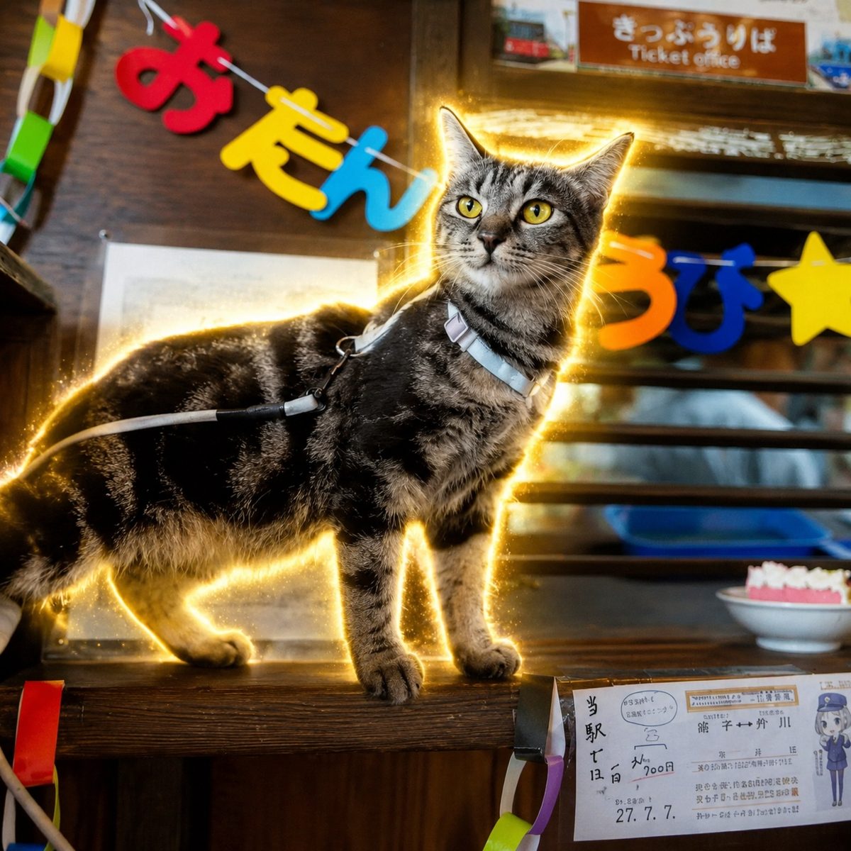 Nakano-san the cat glowing on the ticket-office counter with a birthday garland